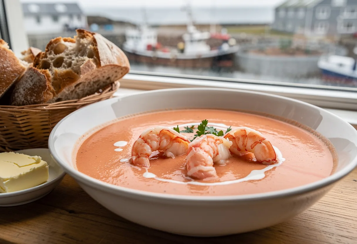 A bowl of creamy coral-orange Icelandic langoustine soup with whole pink langoustine tails, a swirl of cream and parsley, with bread