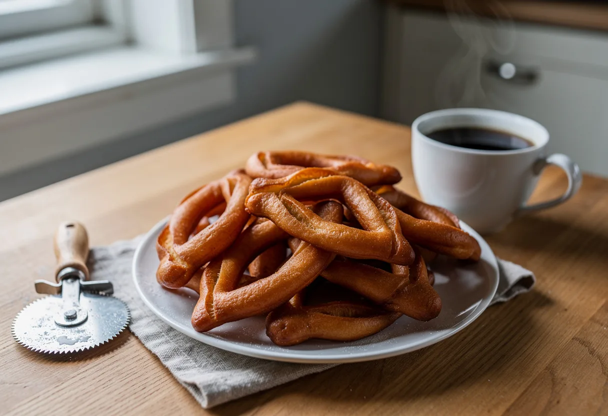 A pile of golden-brown Icelandic kleinur, diamond-shaped twisted doughnuts, beside a cup of black coffee