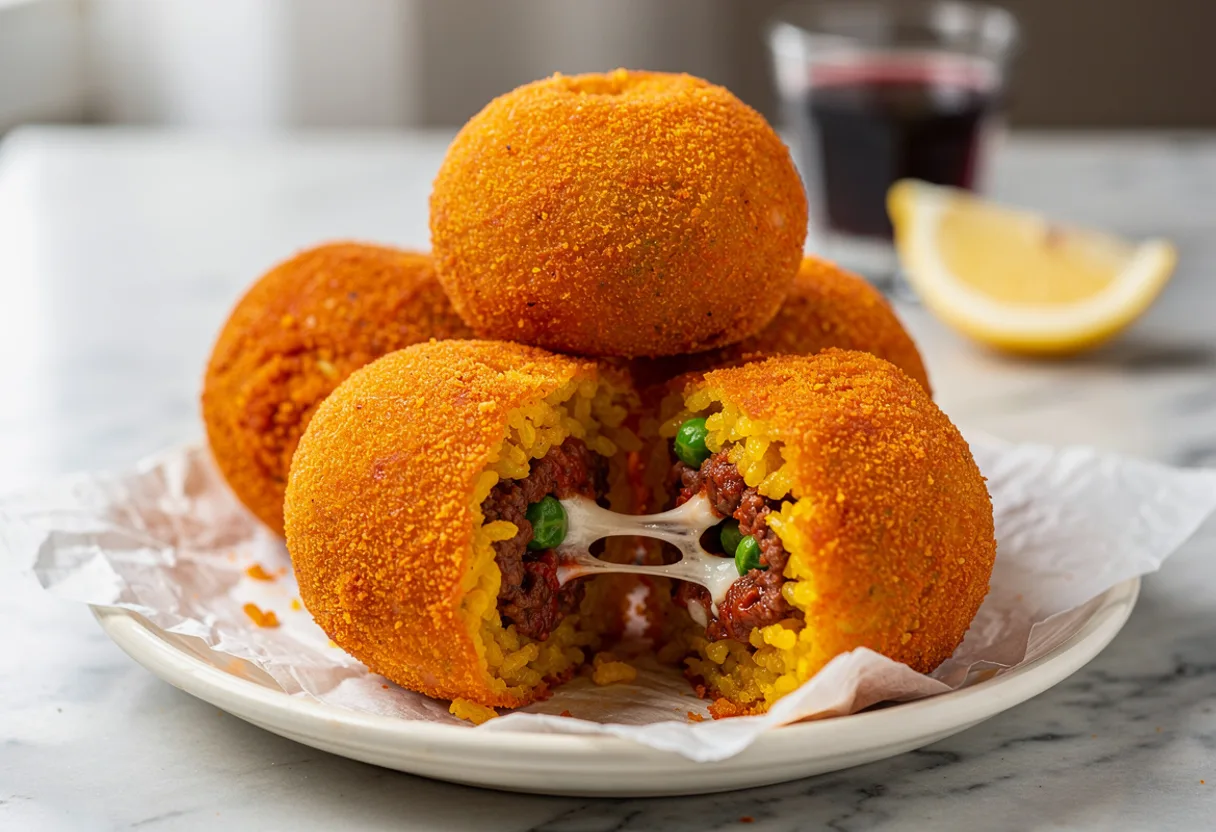 Golden fried Sicilian arancini, one broken open to show saffron rice, meat ragù, peas and melted cheese