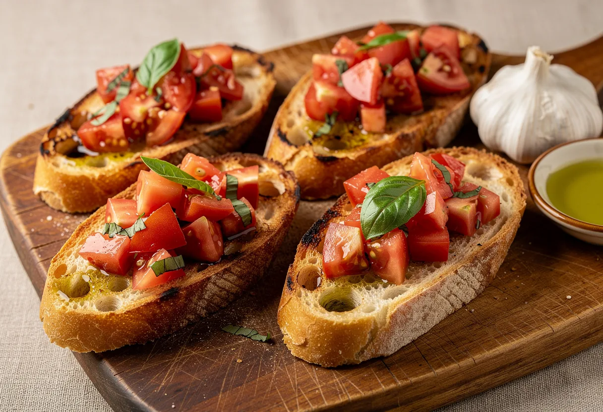 Slices of toasted country bread heaped with diced red tomato, torn basil and olive oil on a wooden board