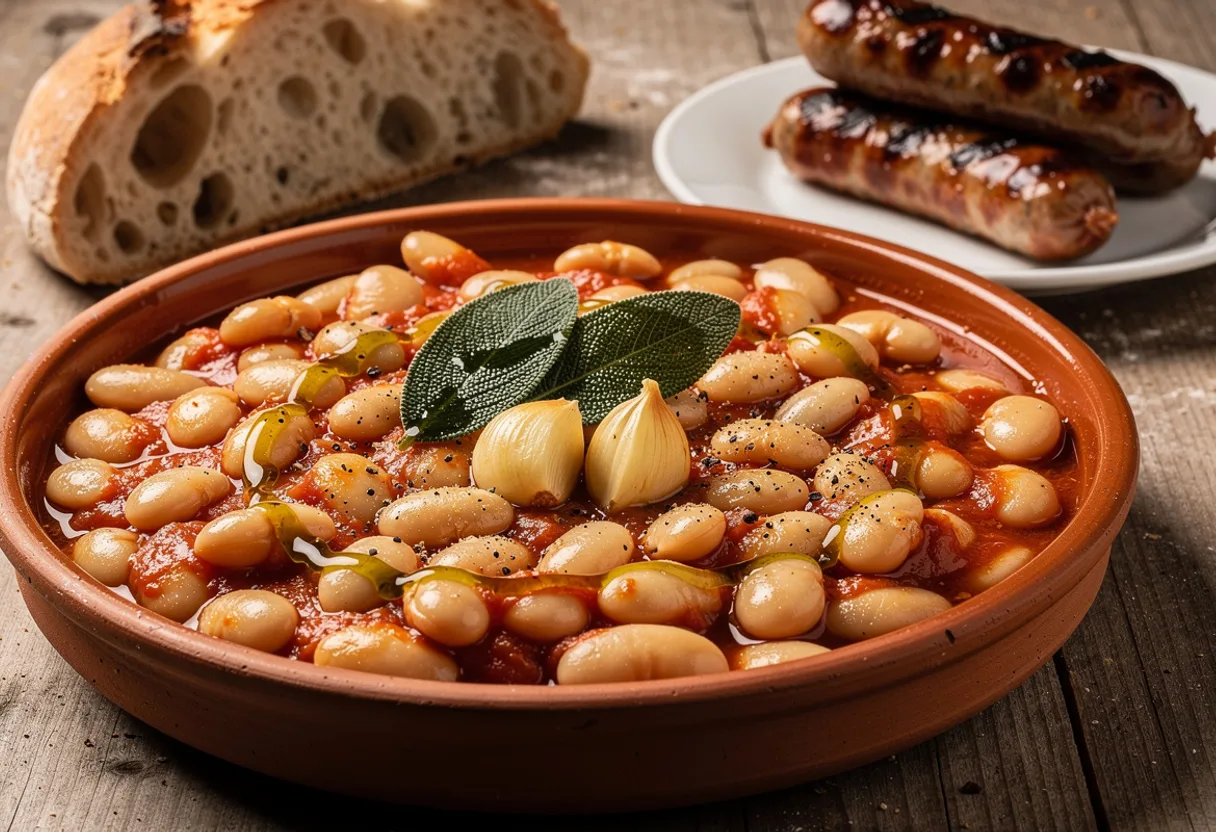 Earthenware dish of white cannellini beans in a glossy red tomato sauce with fried sage leaves and olive oil