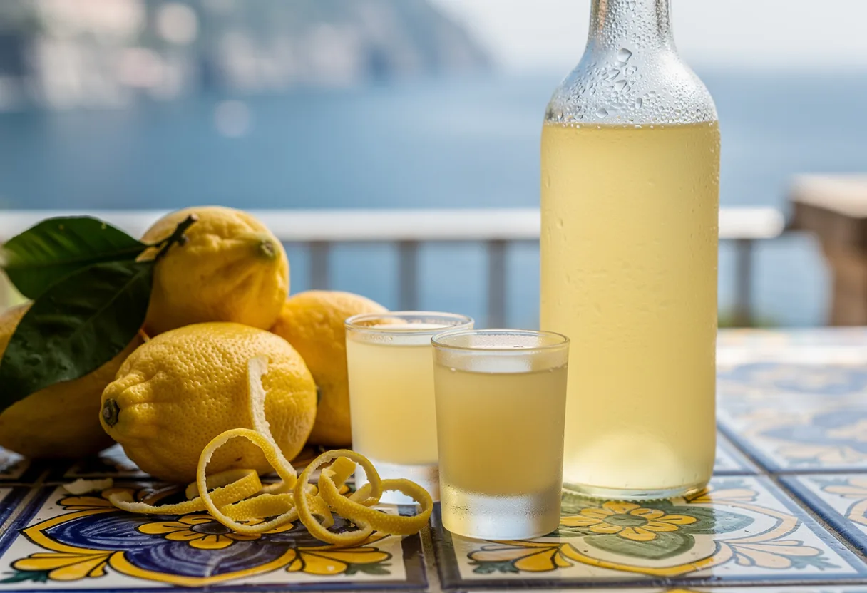 Small frosted glasses of bright yellow limoncello beside a bottle and fresh Amalfi lemons
