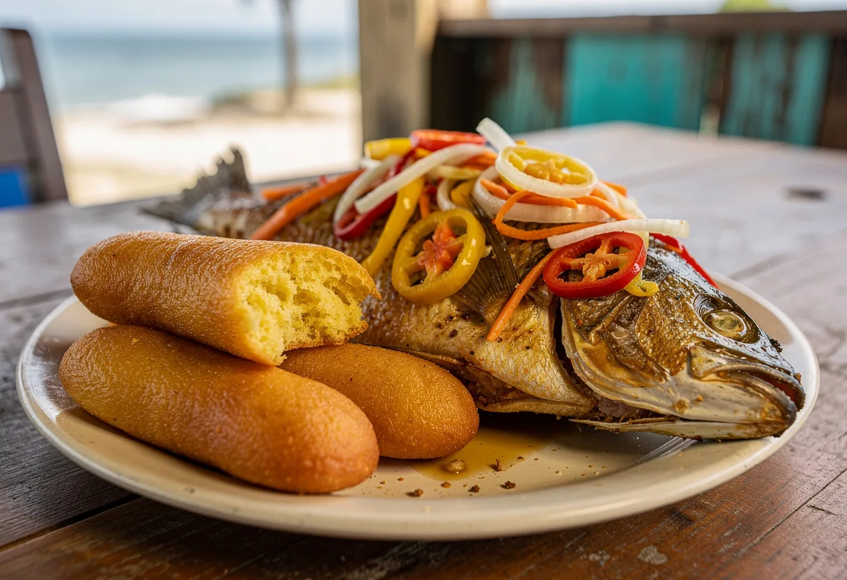 Golden, oval Jamaican festival dumplings beside fried escovitch fish topped with pickled peppers and onions