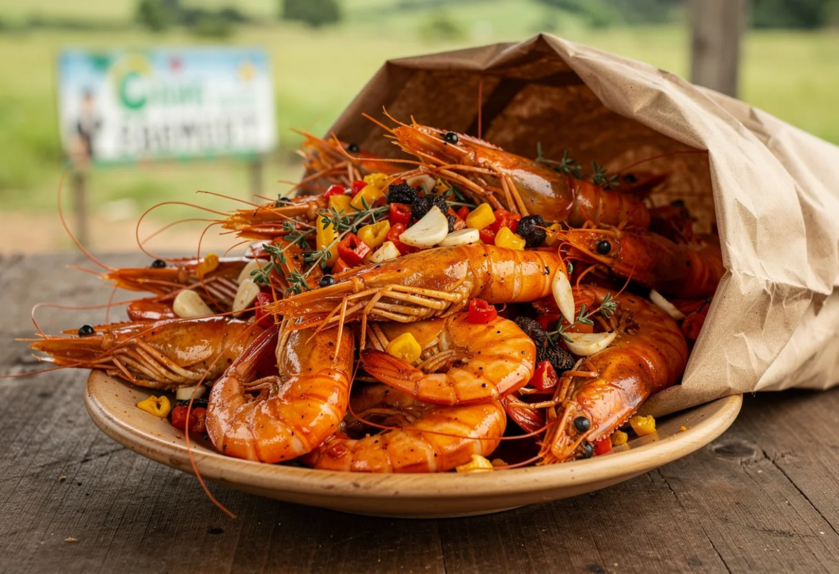 A pile of bright red shell-on shrimp glossy with pepper sauce, flecked with Scotch bonnet and thyme, spilling from a paper bag