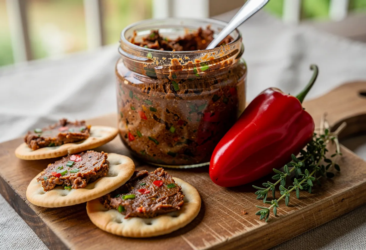 A small jar of dark, coarse smoked herring paste beside water crackers spread with it and a red Scotch bonnet pepper