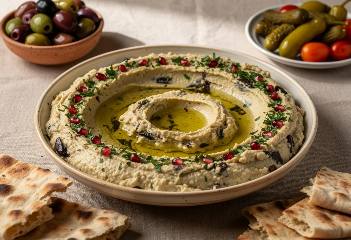 A shallow bowl of pale, flecked smoky eggplant dip swirled with olive oil and topped with pomegranate seeds