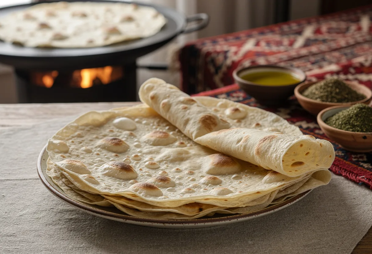 Large paper-thin folded flatbreads with brown bubbles and spots, stacked beside a domed saj griddle