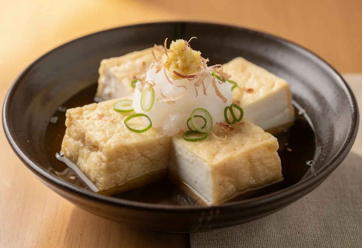 Golden fried tofu cubes in a shallow bowl of amber dashi broth, topped with grated daikon, ginger, spring onion and bonito flakes