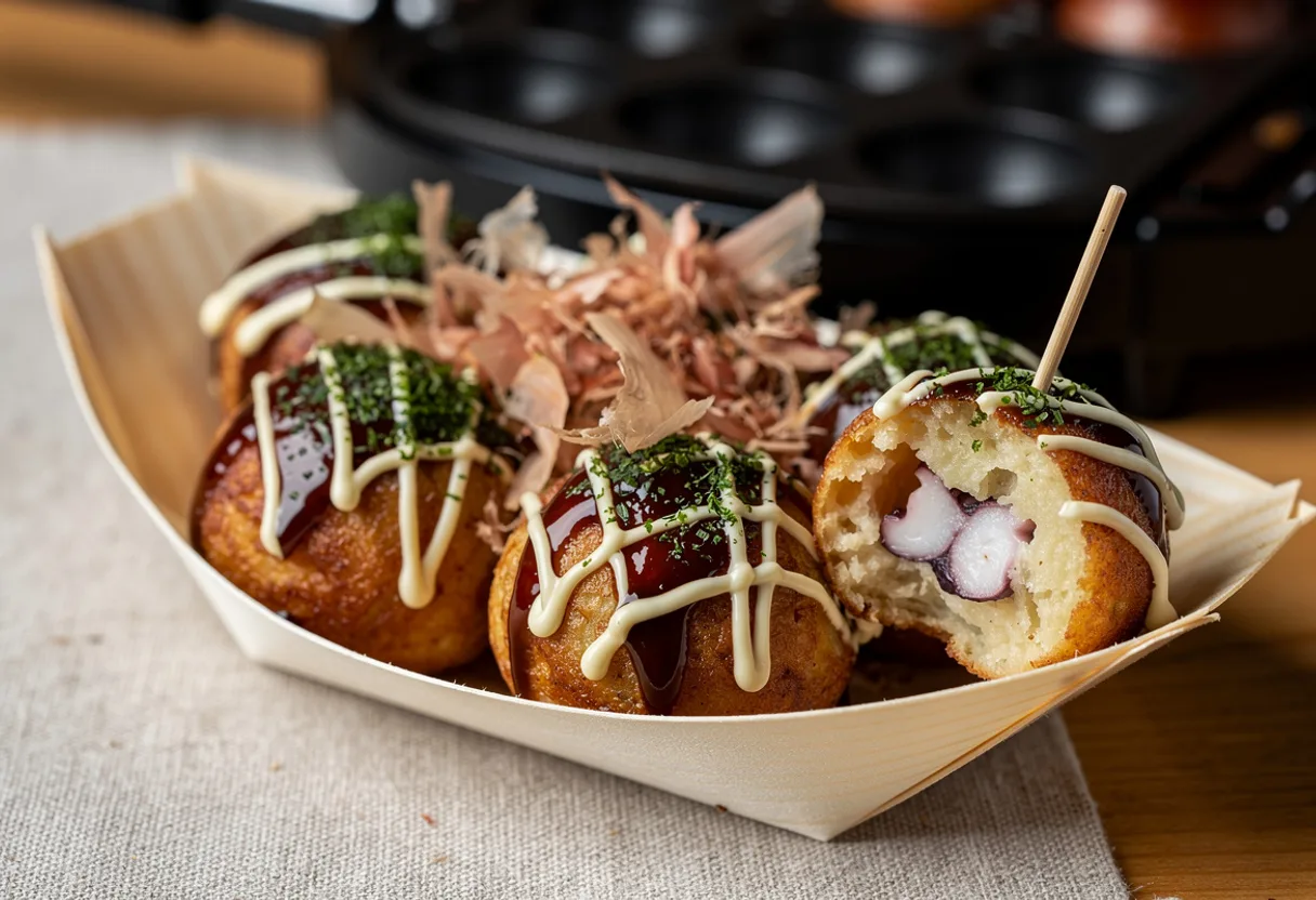 Eight round golden takoyaki in a paper boat, drizzled with brown sauce and mayonnaise and topped with aonori and bonito flakes