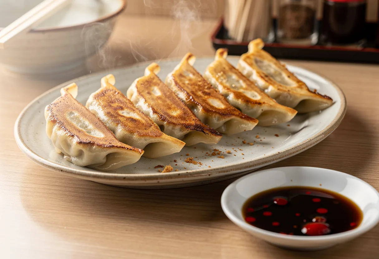 Pan-fried gyoza turned out crisp side up on a plate, golden and crunchy on the bottom, with soy and vinegar dipping sauce
