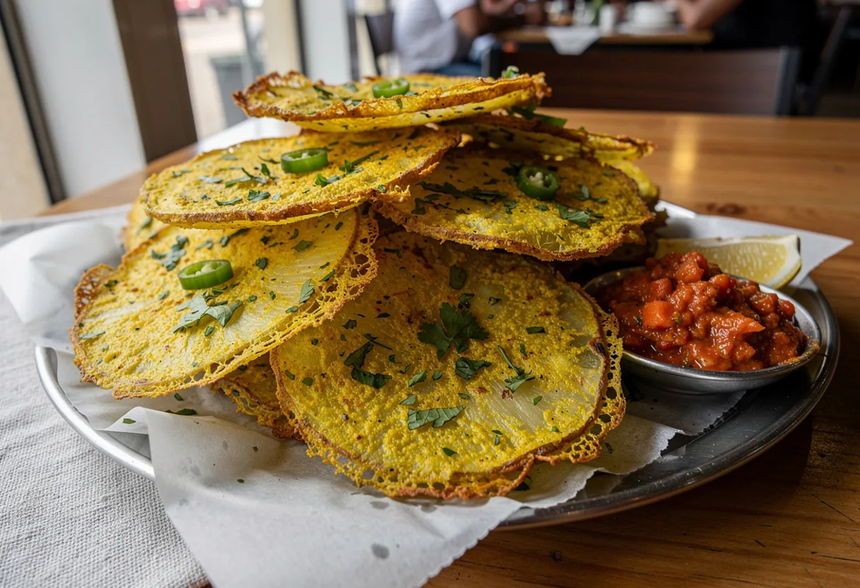 A plate of crisp, golden-yellow potato fritters with a bowl of red tomato chutney