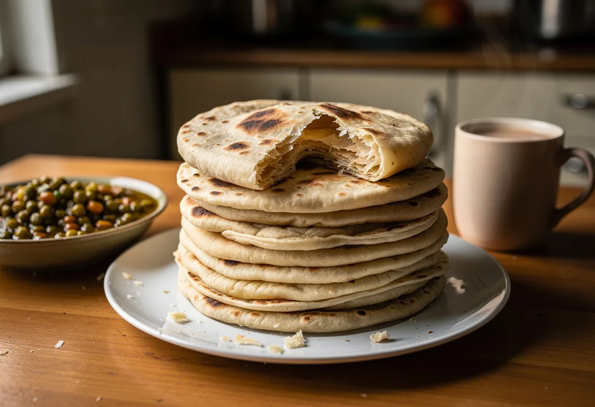 Stack of soft golden-spotted Kenyan chapatis, one torn to show its flaky layers, beside a bowl of bean stew