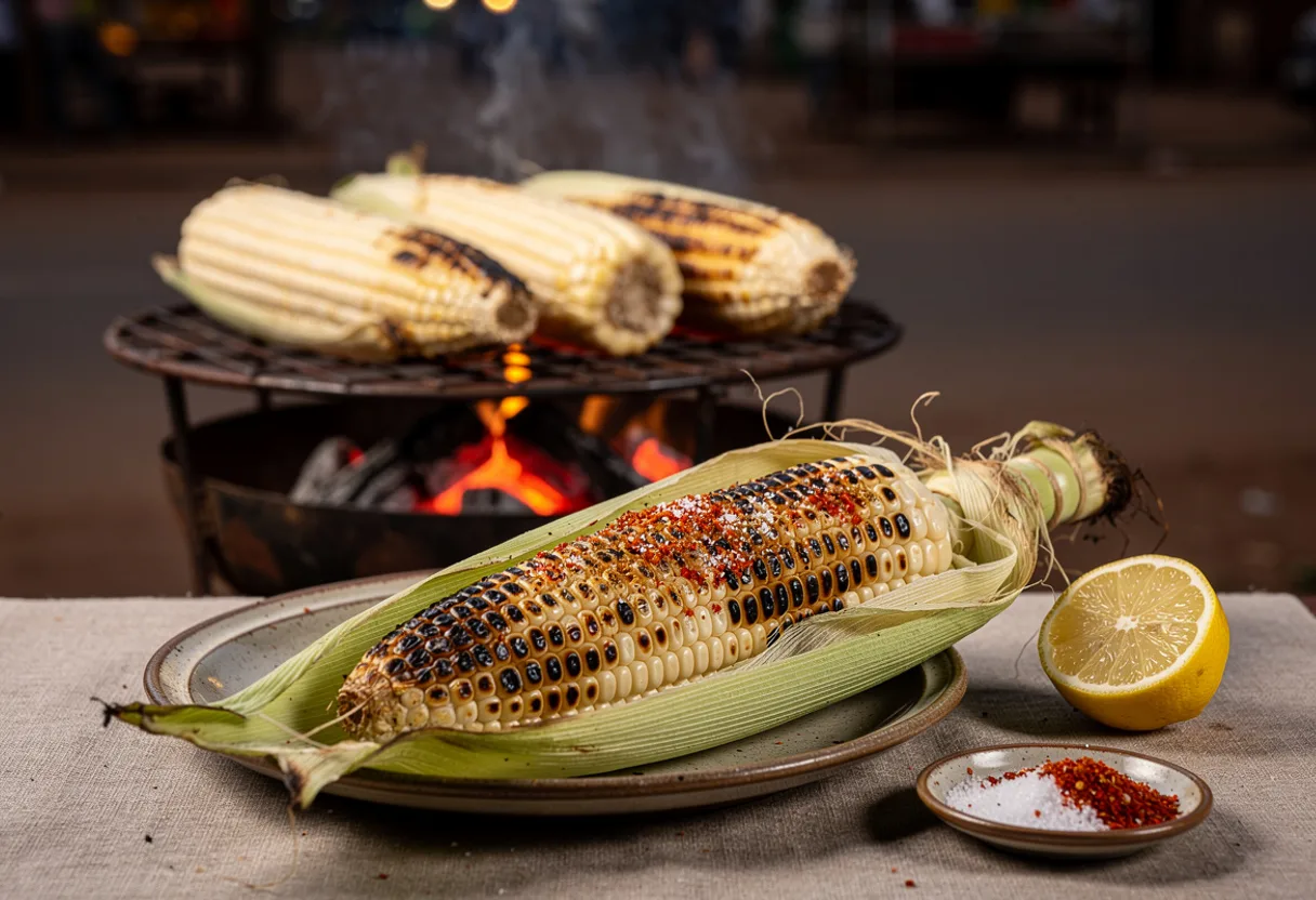 Charred white maize cobs over charcoal, one rubbed with lemon, chili and salt