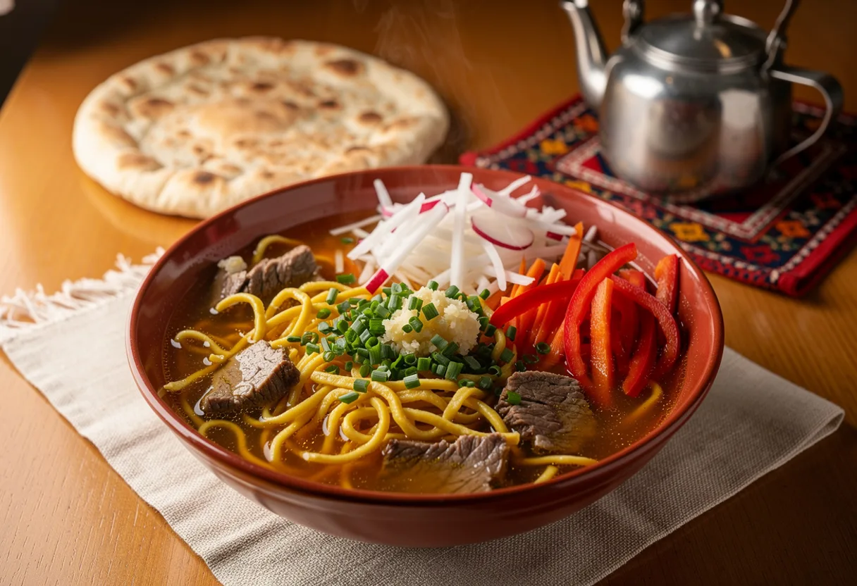 A deep bowl of lamb broth with thin hand-cut noodles, strips of lamb, radish, carrot and pepper, topped with chives