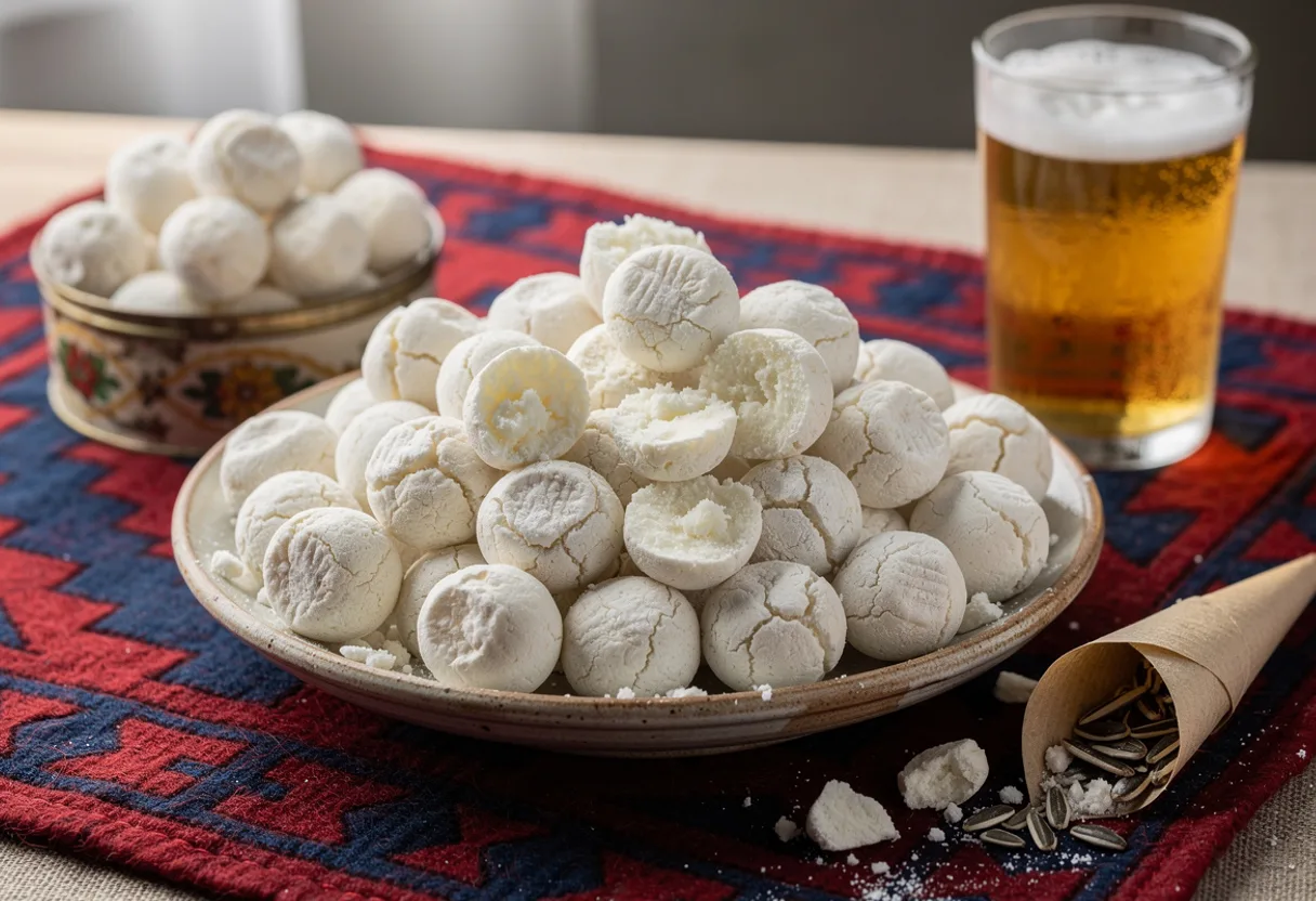 A pile of small off-white dried yogurt balls with a chalky surface on a patterned cloth