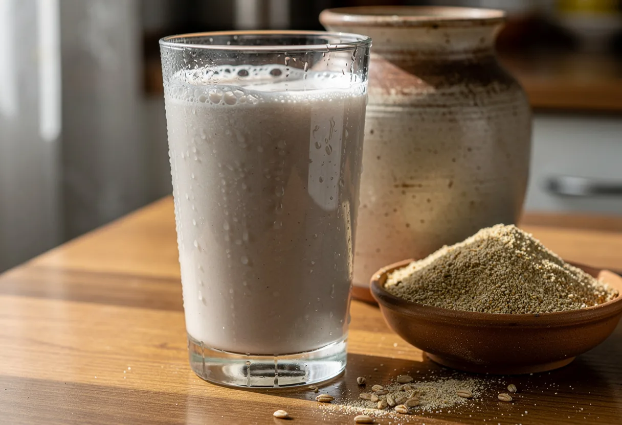 Tall glass of cloudy, greyish-beige fermented grain drink, cold and lightly frothy