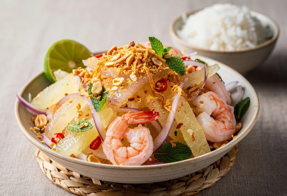 Pale pink pomelo pieces tossed with pink prawns, mint and shallots, topped with toasted coconut and peanuts