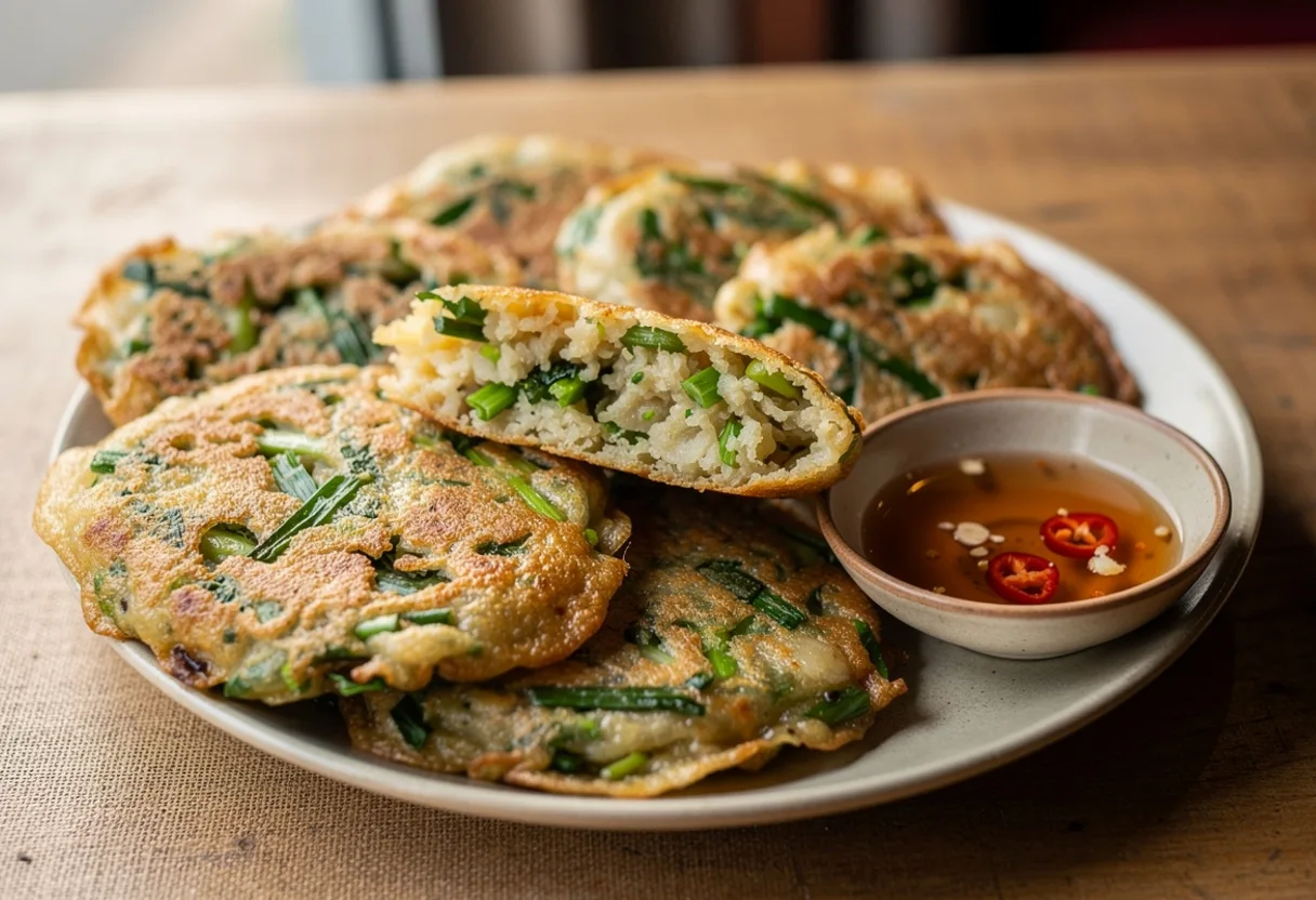Golden, crisp-edged round rice cakes flecked green with chives, with a small bowl of chilli dipping sauce