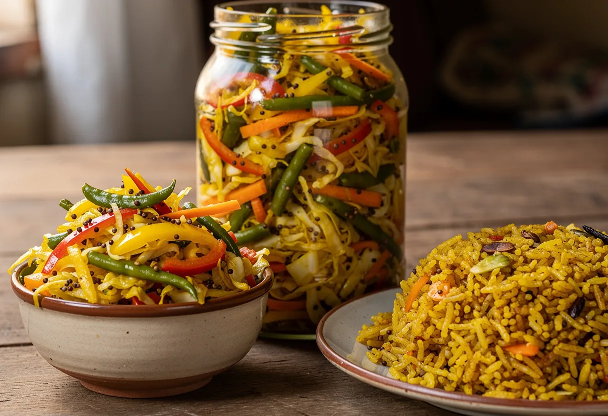 Glass jar and bowl of bright turmeric-yellow pickled carrot, cabbage, green beans and peppers with mustard seeds and chilies