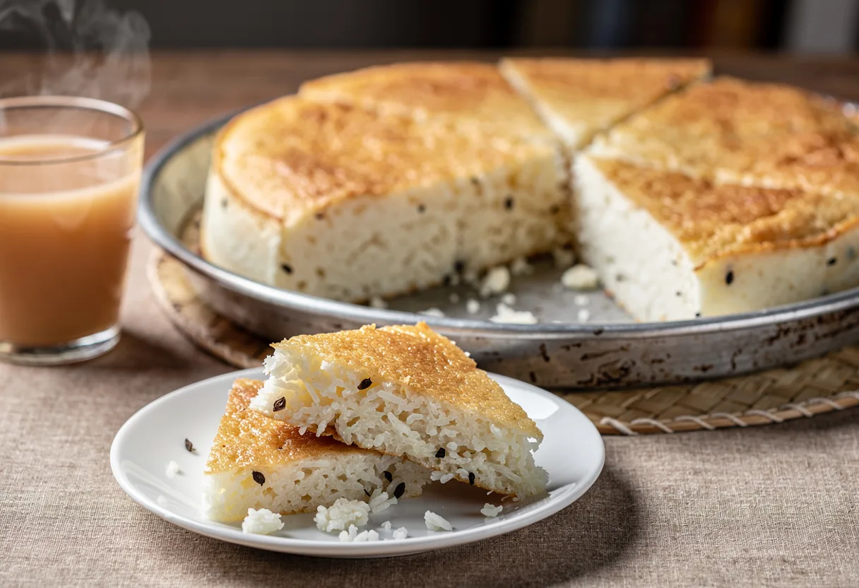 Diamonds of soft white rice and coconut cake with a golden top, beside a cup of milky tea