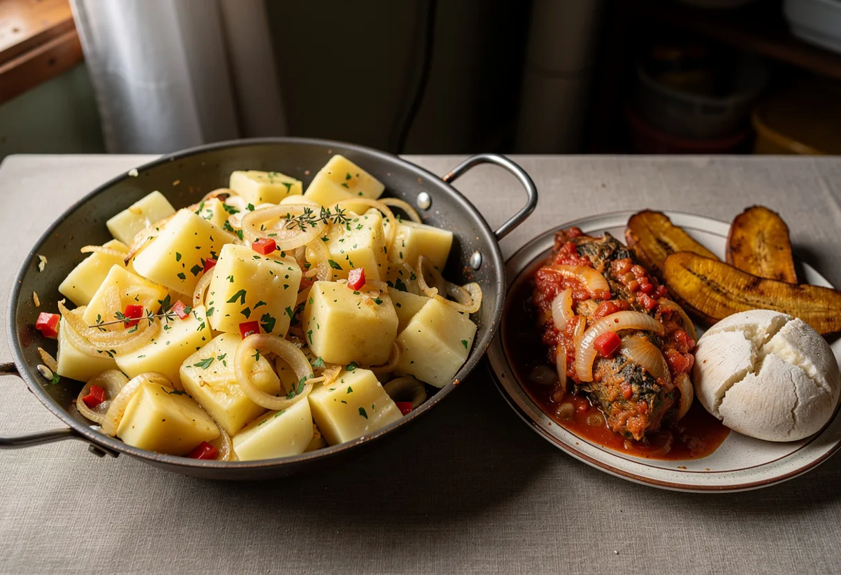 Chunks of boiled breadfruit tossed with golden onion, red pepper, thyme and parsley in a pan