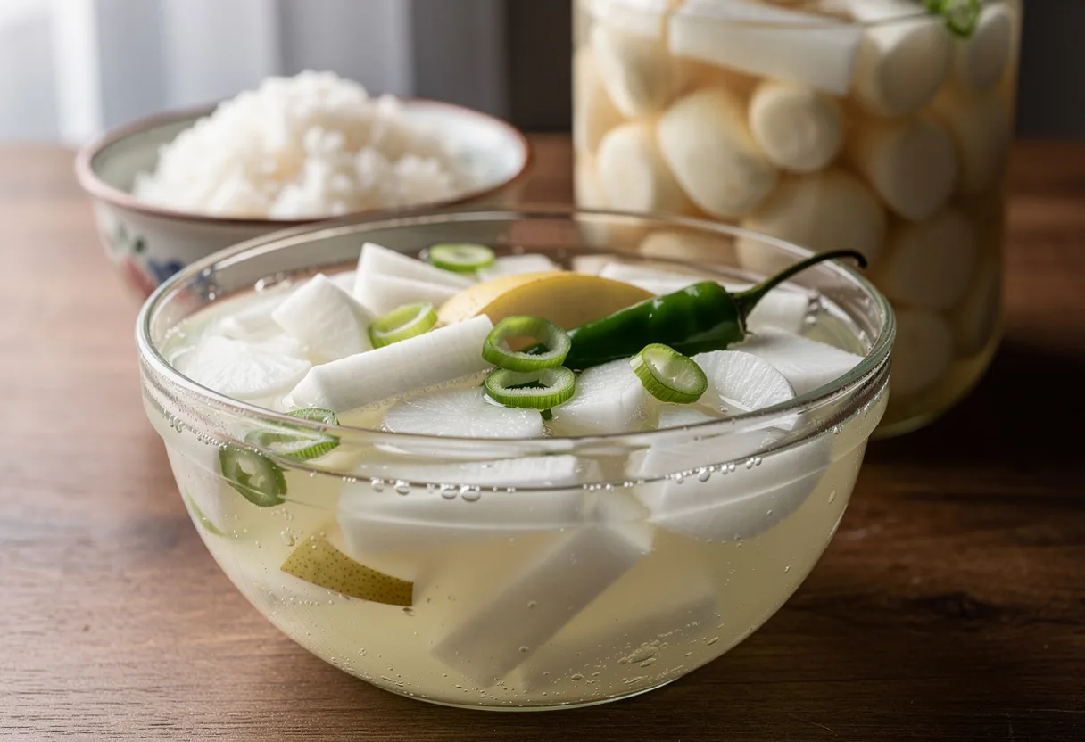 A glass bowl of clear, pale radish water kimchi with batons of white radish, pear, scallion and a green chili