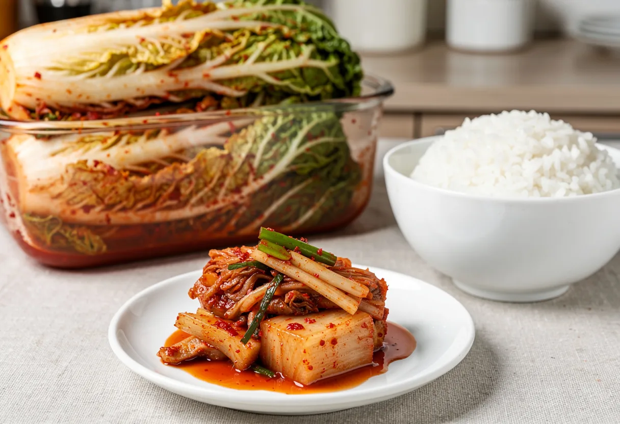 Quarters of napa cabbage kimchi coated in red chilli paste, with some leaves cut into bite-sized pieces