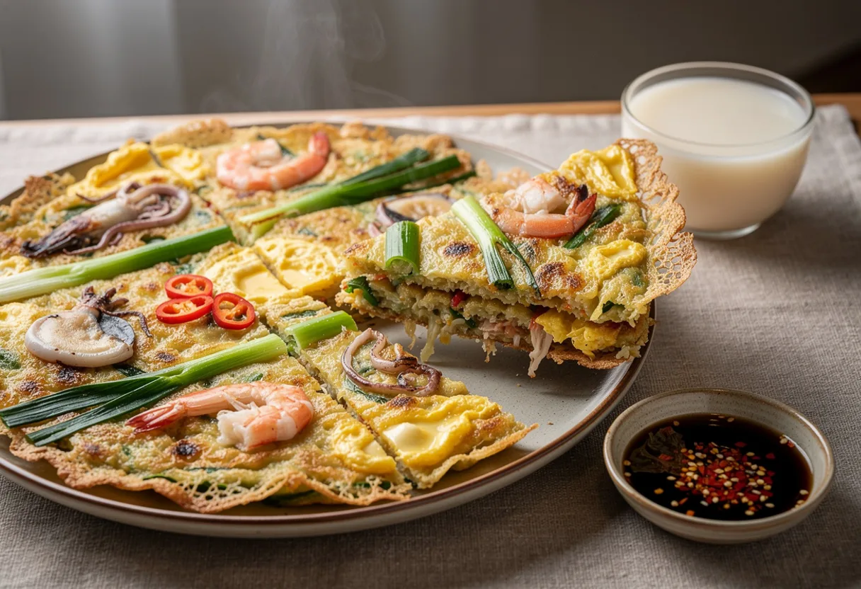 A large golden seafood and spring onion pancake cut into squares, with a small bowl of soy dipping sauce