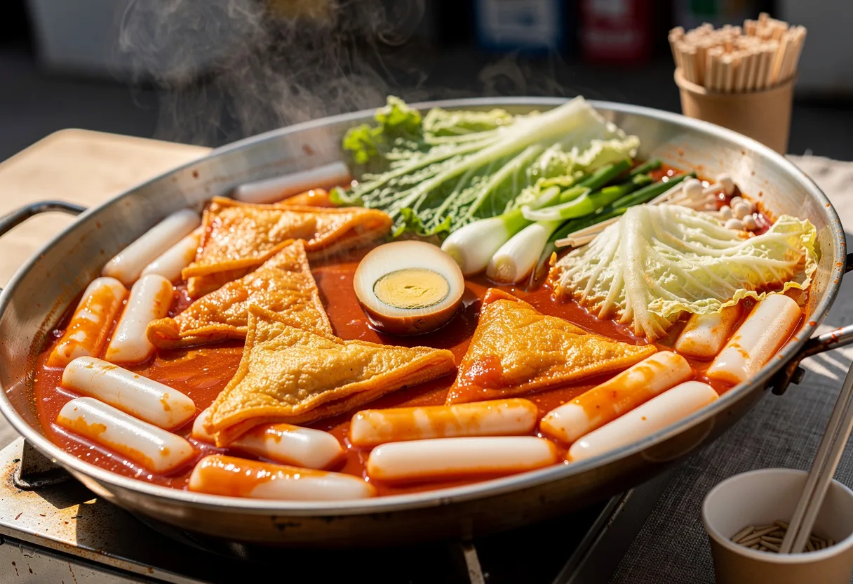 Chewy rice cakes and fish cake in a thick, glossy red gochujang sauce with spring onion and a halved boiled egg