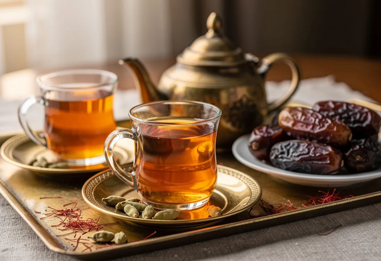 Small clear glasses of deep golden saffron tea with cardamom pods and a plate of dates