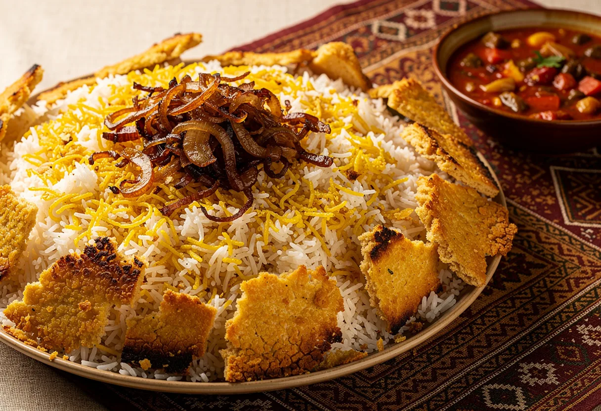 A platter of fluffy white basmati rice streaked with saffron, topped with crisp fried onions and pieces of golden rice crust