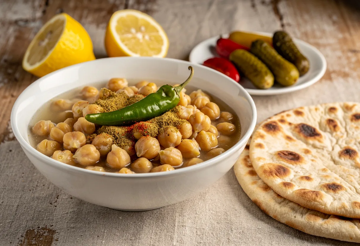A bowl of soft boiled chickpeas in a little broth, dusted with cumin and red pepper, with lemon halves and flatbread