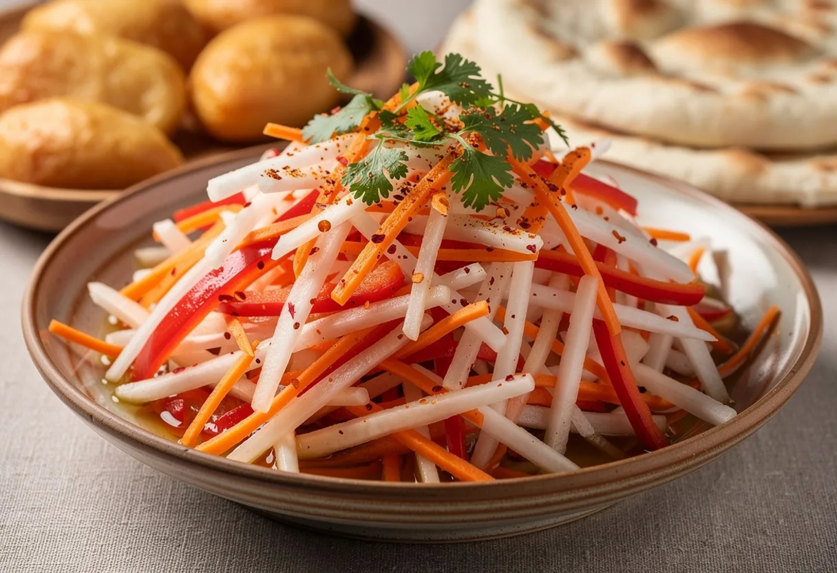 A bowl of fine strips of white radish, orange carrot, red pepper and onion glossy with dressing