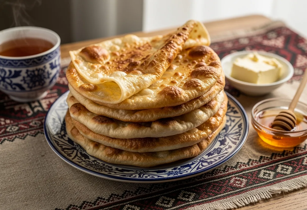 A stack of thin, soft, golden fried flatbreads with a bowl of honey and a cup of tea