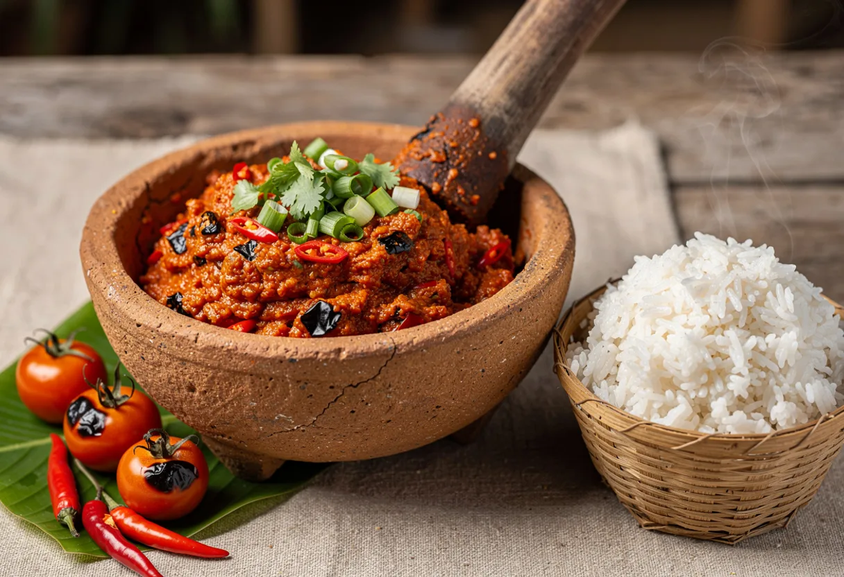 A clay mortar of chunky, smoky red roasted tomato and chilli dip with coriander, beside sticky rice