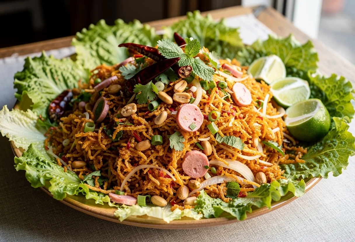 Broken crispy golden-red rice pieces tossed with sausage, peanuts and herbs, with lettuce leaves for wrapping