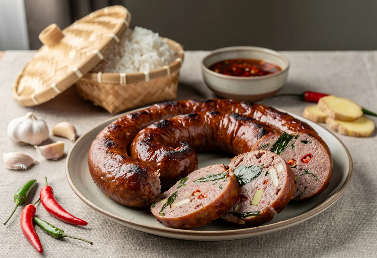 Coiled grilled Lao sausage with blistered skin, sliced to show a coarse herb-flecked filling, with sticky rice