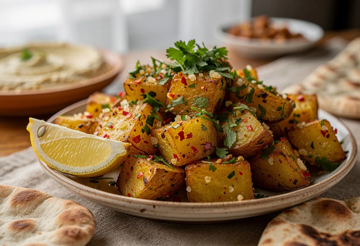 Crisp golden potato cubes tossed with garlic, red chilli and lots of chopped fresh coriander
