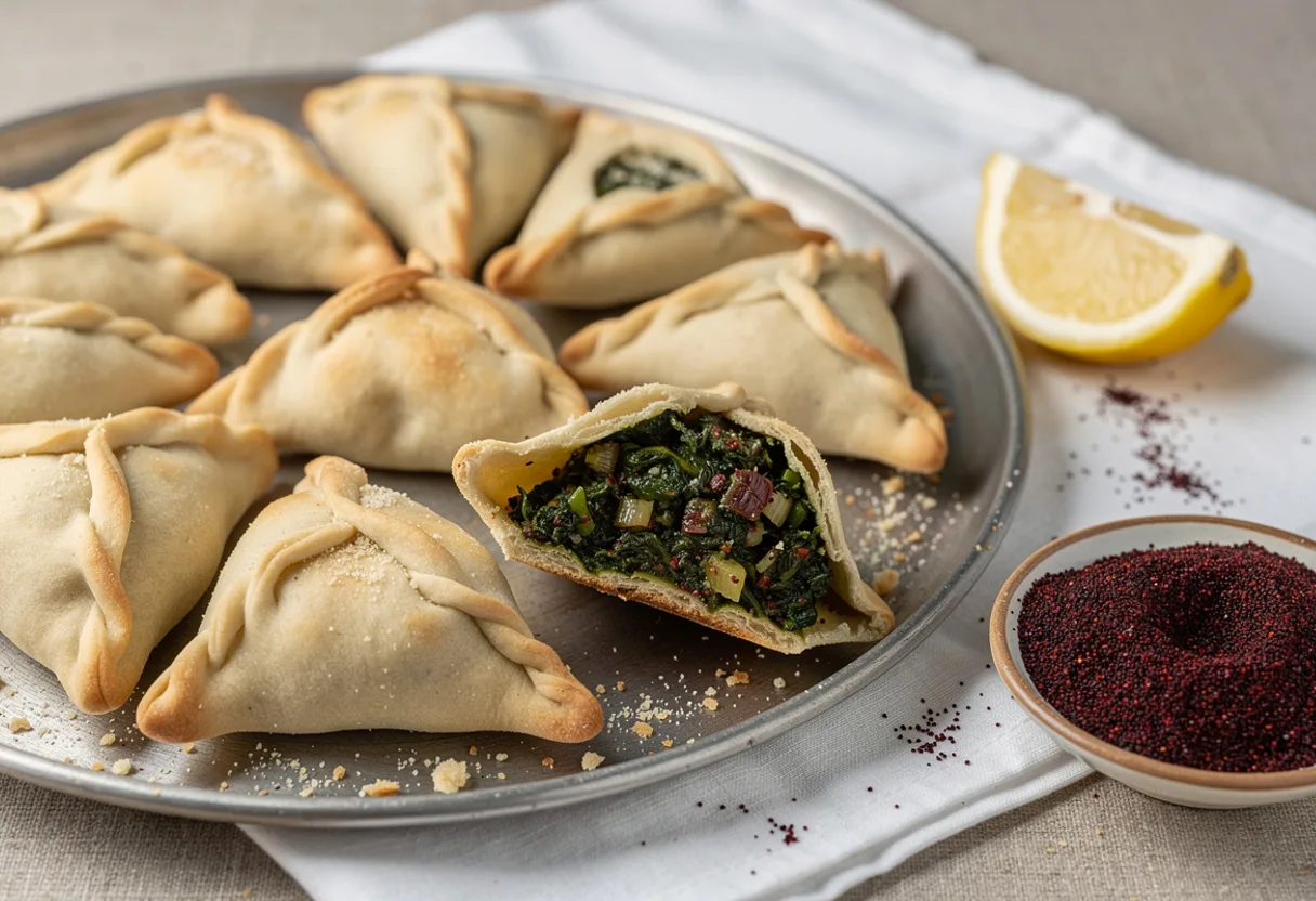 Golden triangular Lebanese spinach pies, one broken open to show a dark green sumac-flecked filling