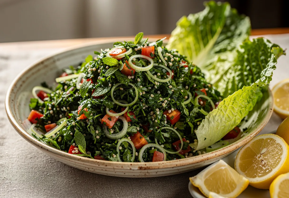 Bright green tabbouleh of finely chopped parsley with diced tomato and a little bulgur, with romaine leaves and lemon