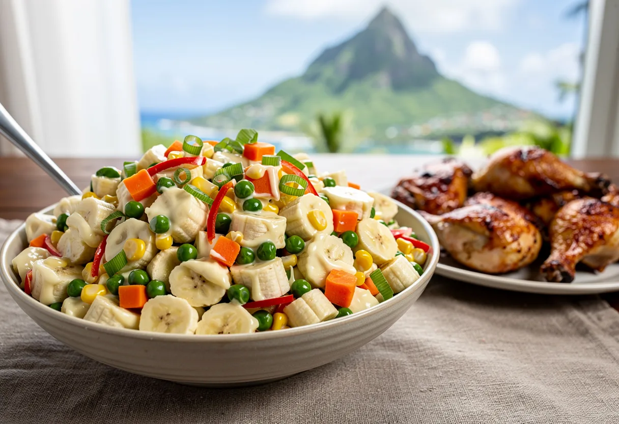 A bowl of creamy green banana salad with peas, carrots, corn, sweet pepper and scallions
