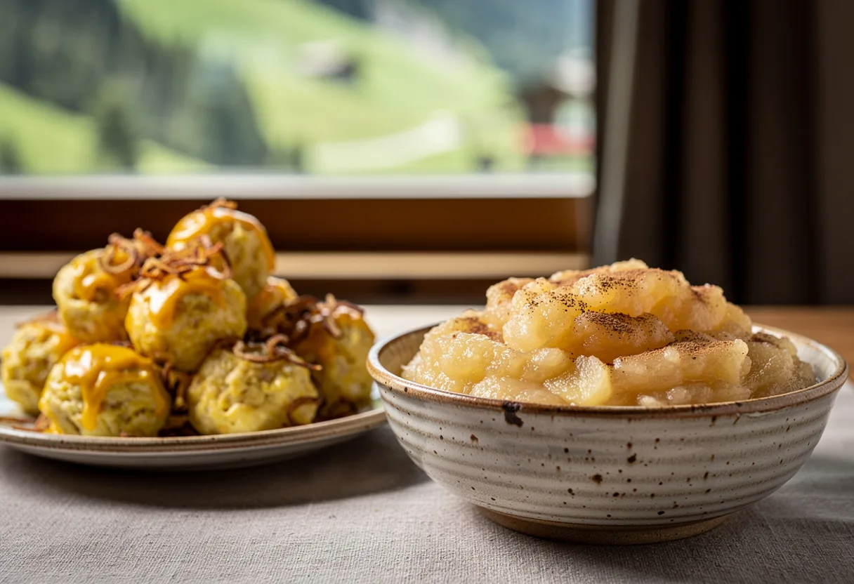 Bowl of chunky pale golden apple sauce dusted with cinnamon, beside a plate of cheese dumplings with fried onions