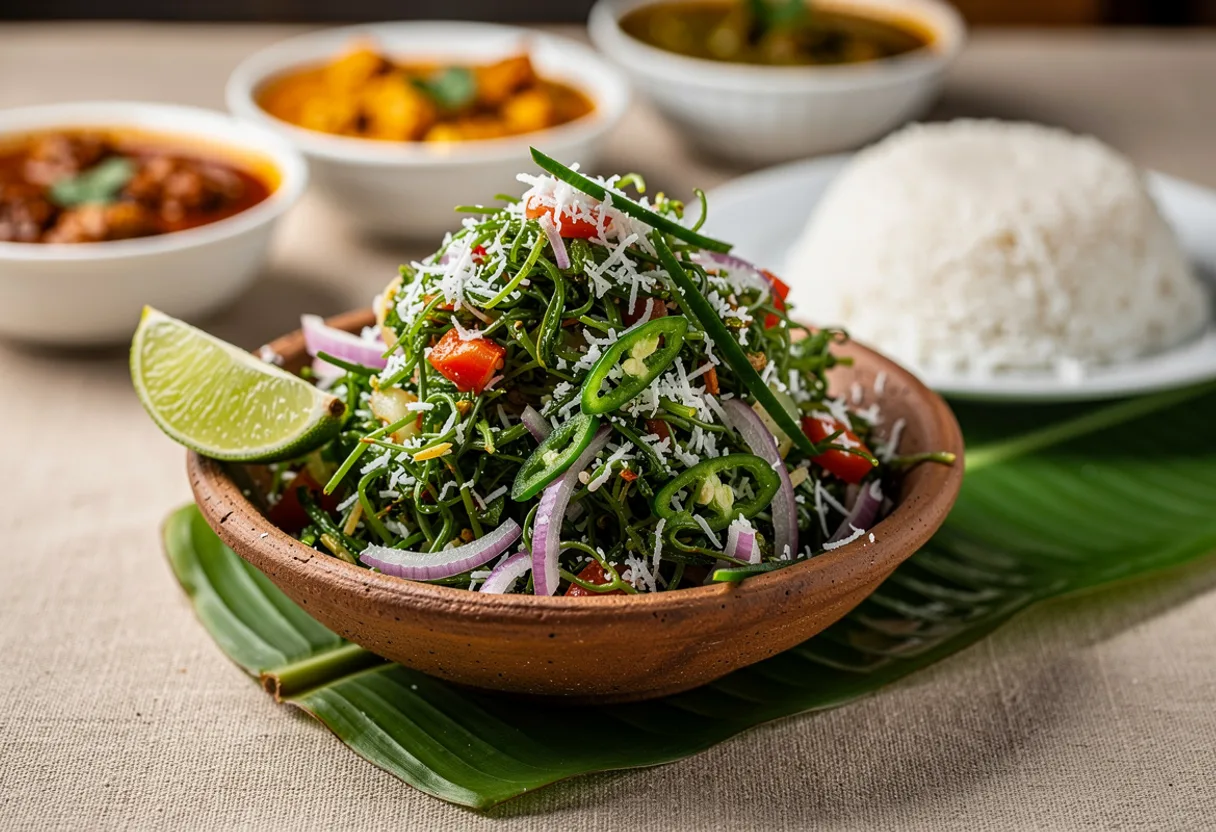 A bowl of finely shredded bright green pennywort mixed with white grated coconut, red onion and green chilli