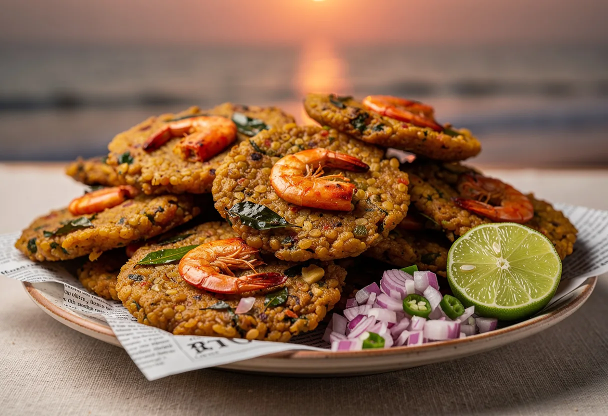 Round golden lentil fritters each topped with small whole red prawns, with chopped onion, green chilli and lime