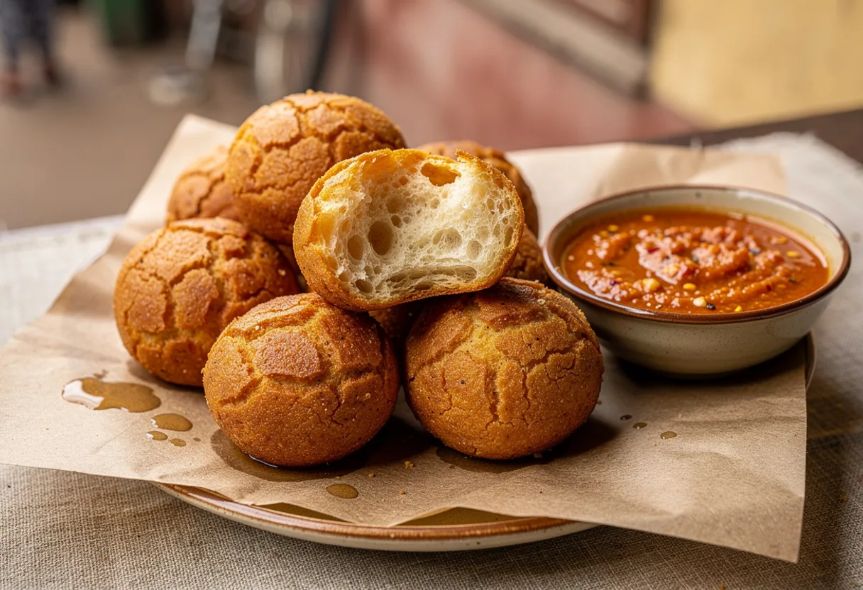 Golden fried dough balls piled on paper beside a bowl of thick red scotch bonnet pepper sauce