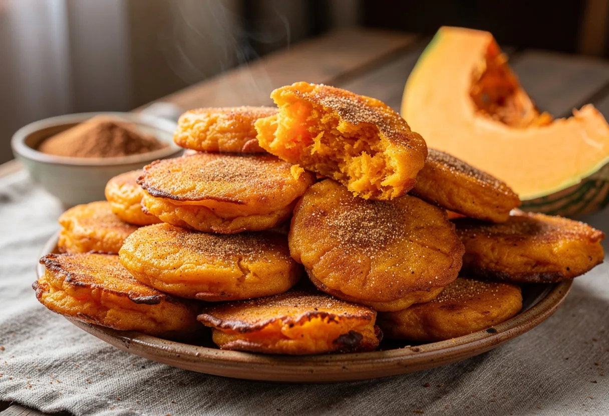 Small round golden pumpkin fritters dusted with cinnamon sugar on a plate