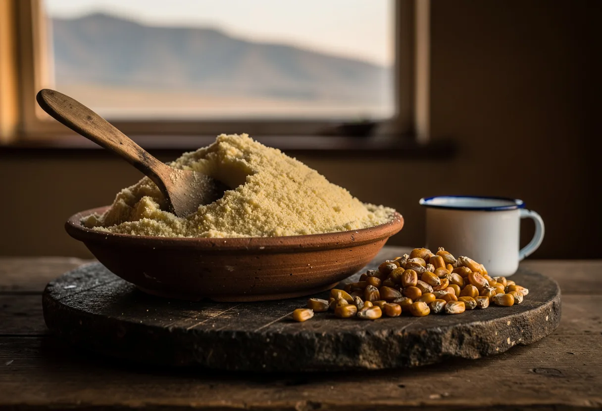 Bowl of fine golden-beige roasted maize powder with a spoon, beside roasted maize kernels