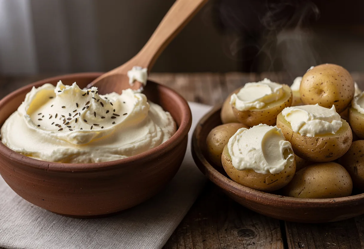 A clay bowl of pale, fluffy Lithuanian kastinys sour cream butter with caraway, beside hot boiled potatoes in their skins