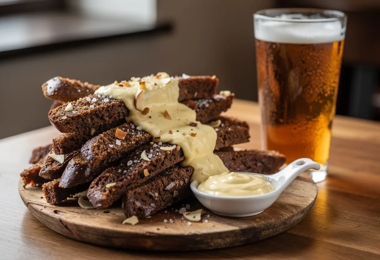 Pile of crisp fried dark rye bread fingers glistening with garlic, drizzled with a creamy melted cheese sauce