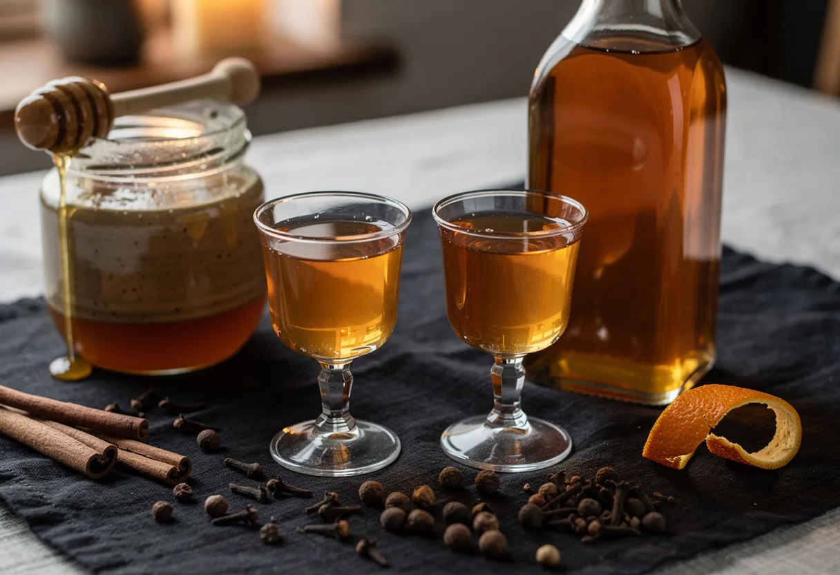 Small glasses of amber honey liqueur beside a bottle, a honey jar and whole spices